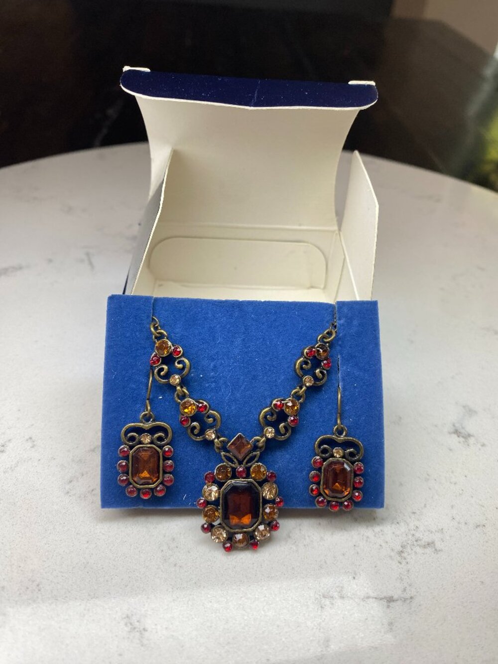 Avon Heritage Topaz Necklace Earring Set Antique Bronze Rhinestone